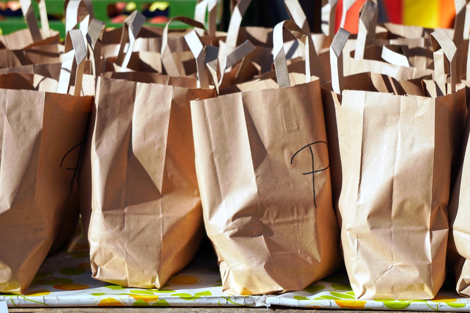 Stacked paper grocery bags